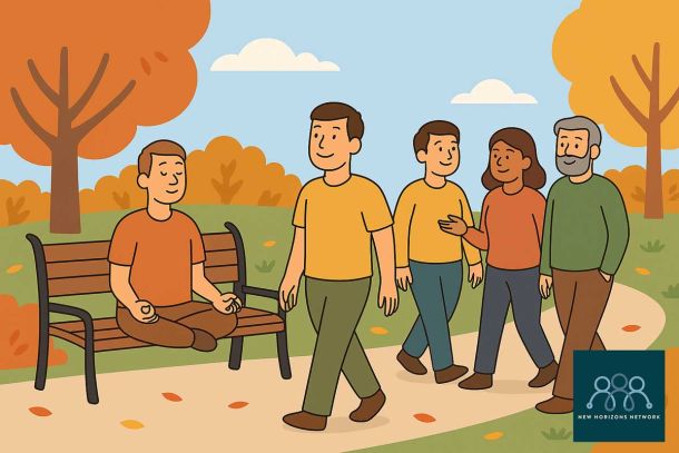 Adults in a calm autumn park, walking, chatting, and meditating on a bench, symbolising stress awareness and mindfulness in November.