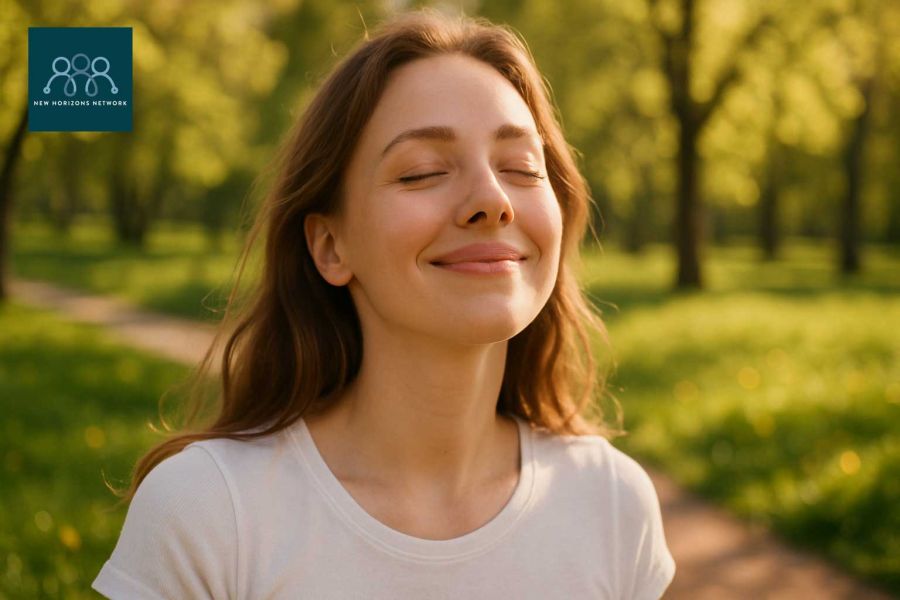 Counselling in Poole woman basking in sunlight looking happy