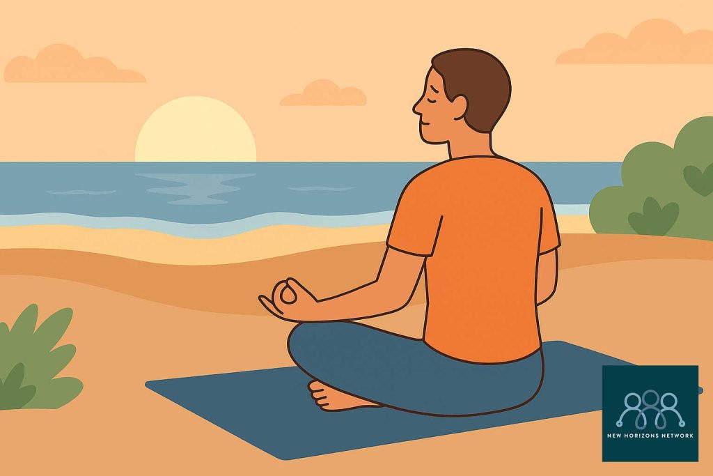 Adult meditating near the sea at sunrise, practicing mindfulness to build clarity, calm, and long-term emotional resilience.