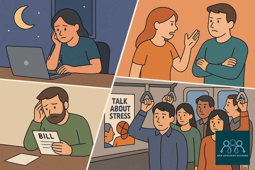 Collage illustration showing work, financial, relationship, and commuting stress — a woman working late, a man with bills, a couple arguing, and crowded commuters.