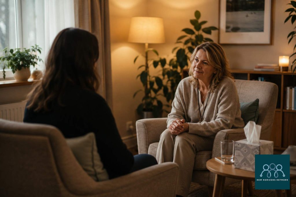 Supportive bereavement counselling session in a calm therapy room