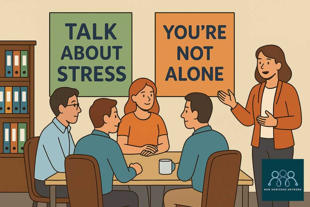 Facilitator leading a workplace stress management workshop with employees, surrounded by posters reading “Talk About Stress” and “You’re Not Alone.”