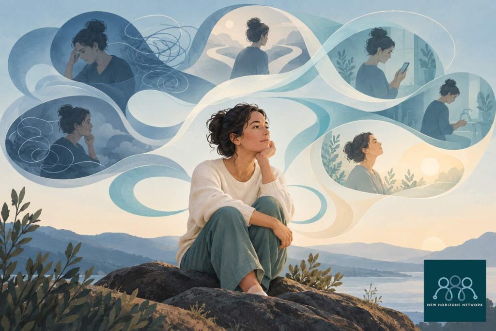 Illustration representing the repeating cycle of intrusive thoughts, anxiety and compulsions in OCD.