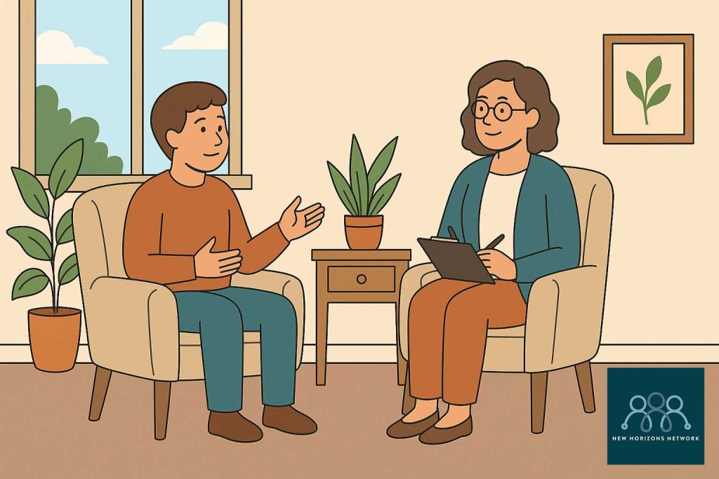 Calm therapy room with a client and counsellor talking in natural light, surrounded by plants, representing trust and emotional wellbeing.