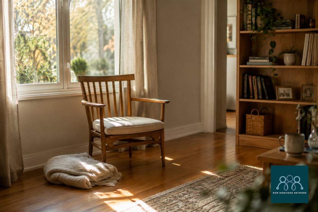 Empty chair by a sunlit window representing loss and change that is not related to death