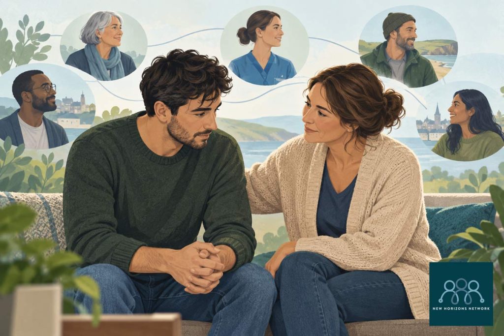 Illustration representing emotional support alongside healthy boundaries and a wider support network.