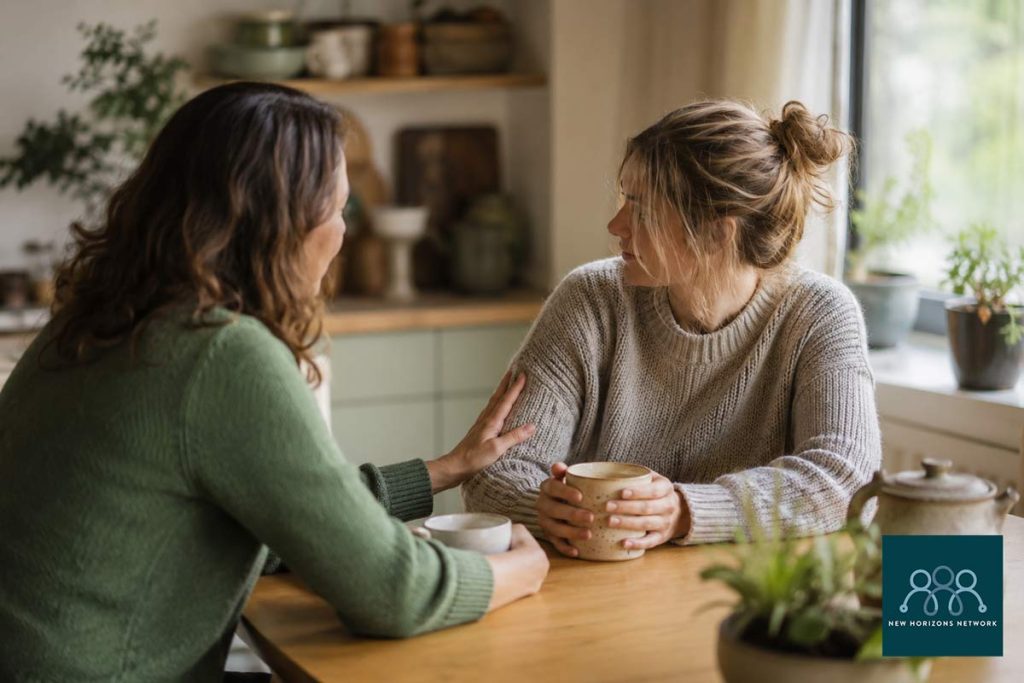 Two friends sharing tea and offering quiet support to someone who is grieving