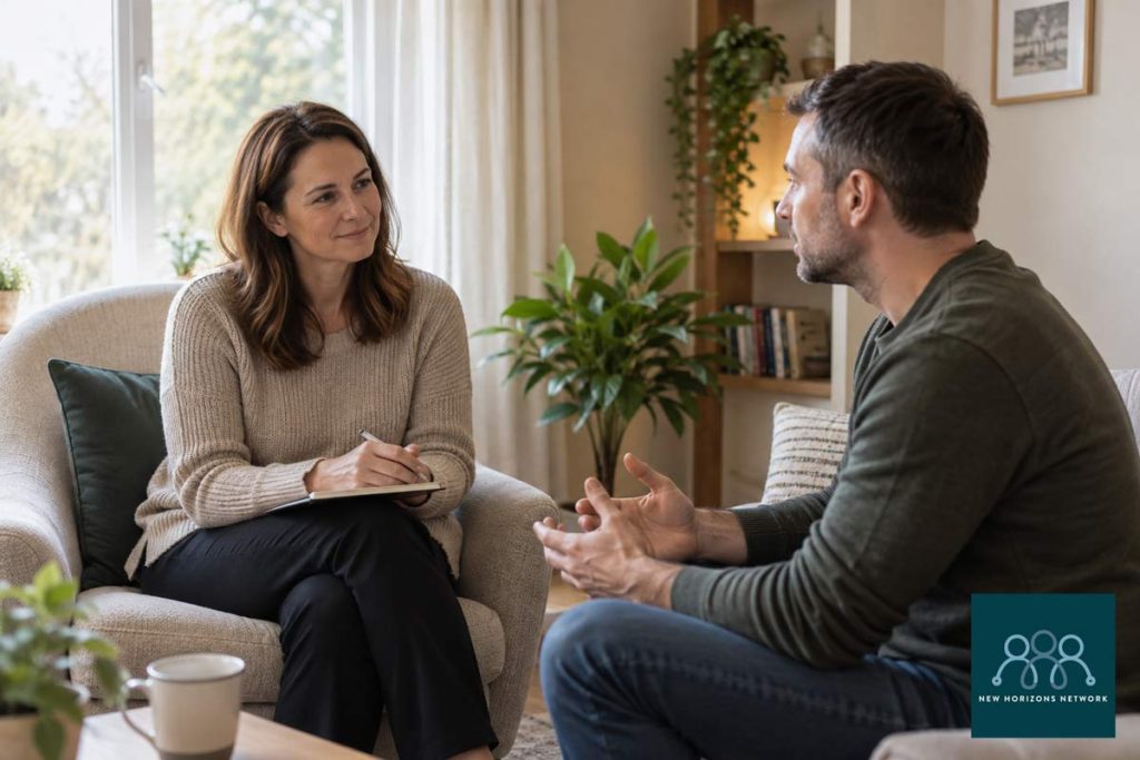 Supportive conversation between two adults demonstrating compassionate listening.