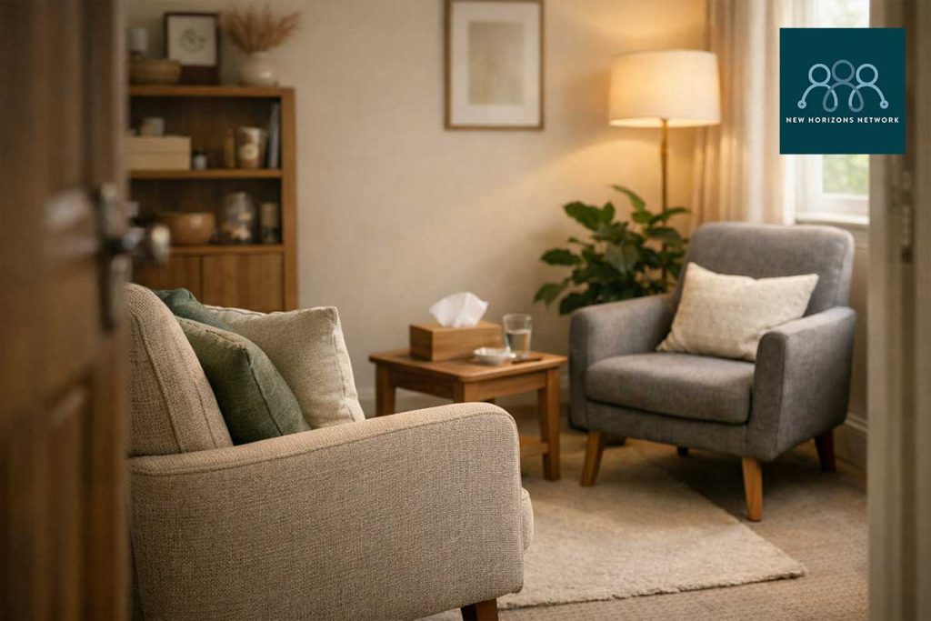 Welcoming therapy room environment designed for client comfort and privacy