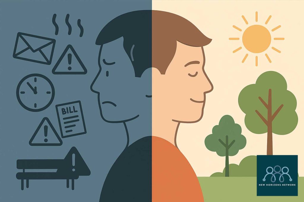 Illustration of a human silhouette divided into stress and calm halves, showing stress symbols on one side and peaceful nature on the other.