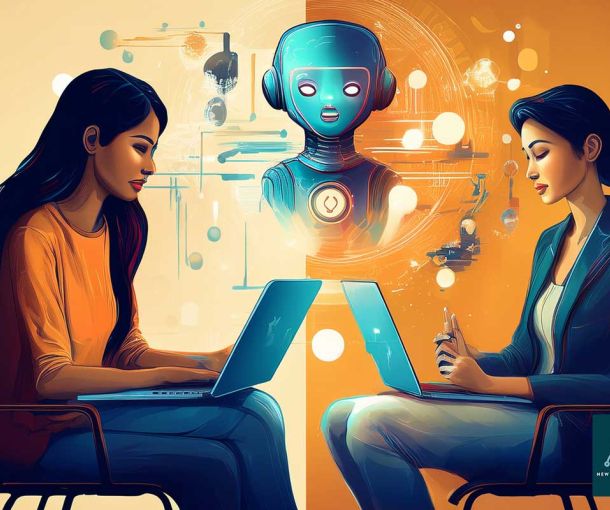 Illustration comparing AI chatbot counselling with human therapy, representing the balance between technology and empathy.