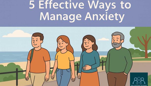 Adults walking calmly along a seaside path in Highcliffe and Christchurch, relaxed and smiling, symbolising wellbeing and anxiety management.