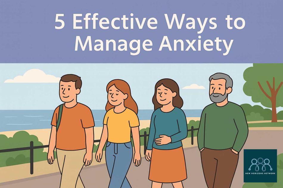 Adults walking calmly along a seaside path in Highcliffe and Christchurch, relaxed and smiling, symbolising wellbeing and anxiety management.