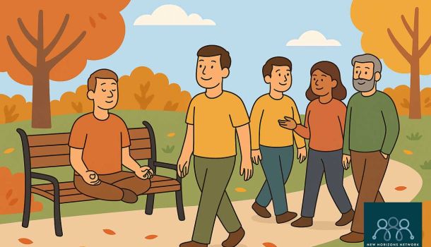 Adults in a calm autumn park, walking, chatting, and meditating on a bench, symbolising stress awareness and mindfulness in November.
