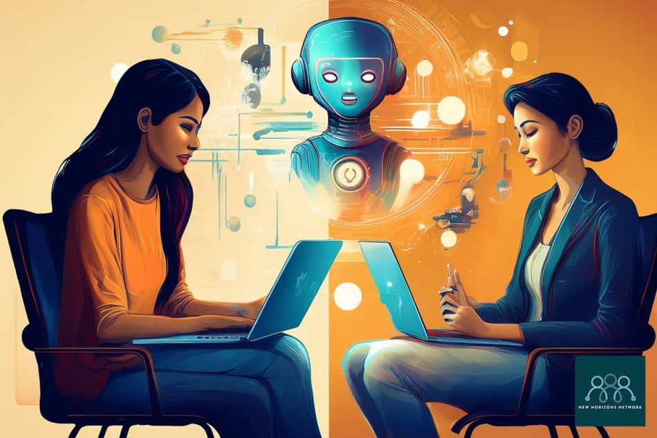 Illustration comparing AI chatbot counselling with human therapy, representing the balance between technology and empathy.