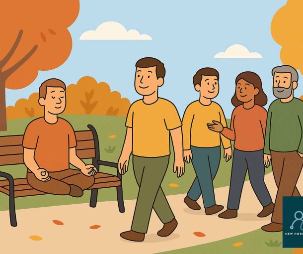 Adults in a calm autumn park, walking, chatting, and meditating on a bench, symbolising stress awareness and mindfulness in November.