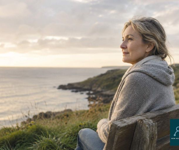 Person sitting peacefully by the coast reflecting, representing grief and the process of healing